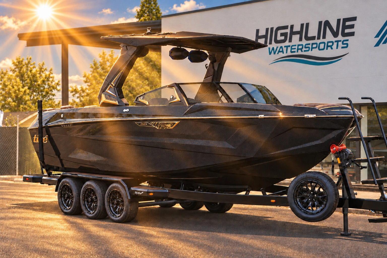 Black and gold Ultré wake boat on a trailer in warm sunlight outside HighLine Watersports.