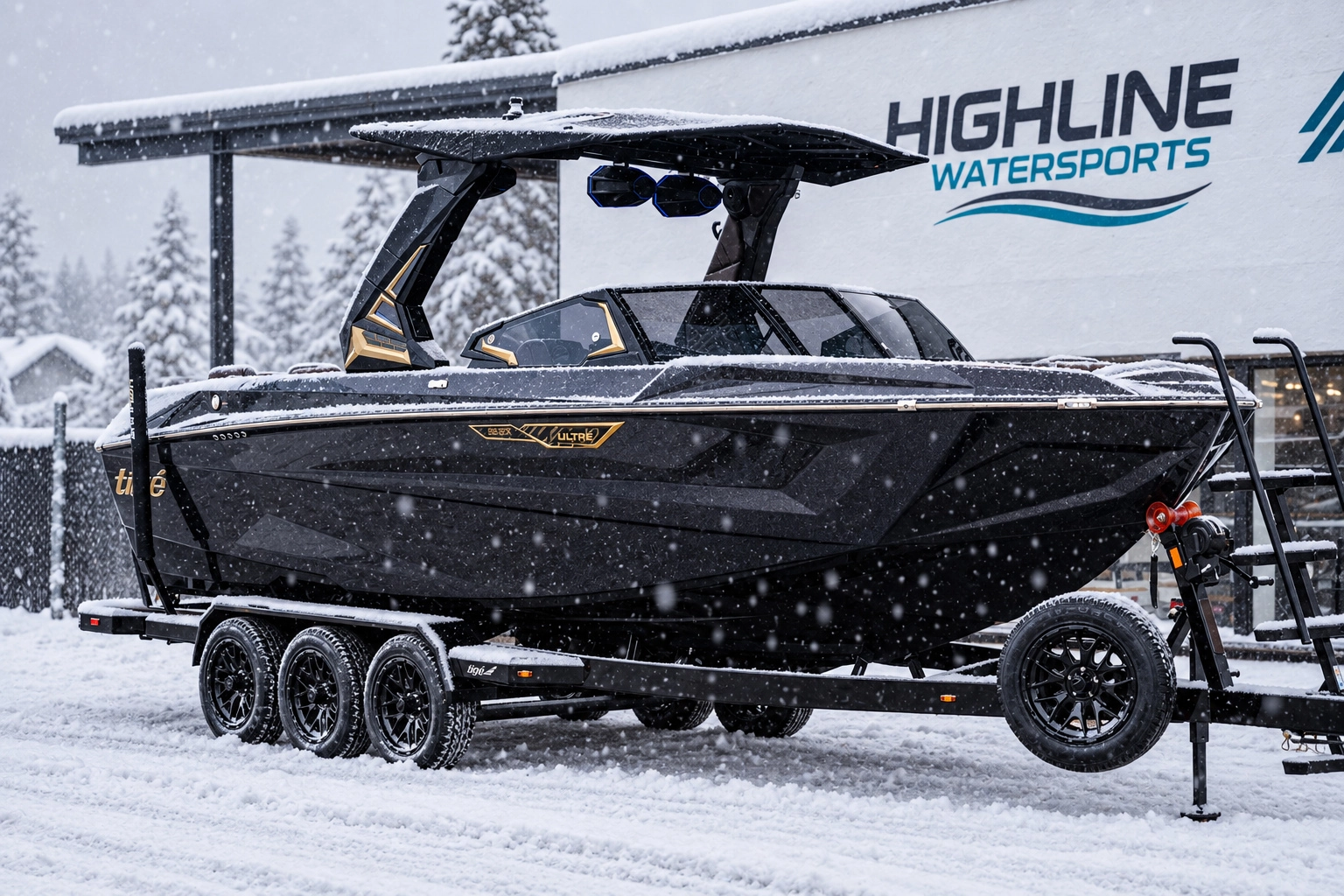 Black and gold Ultré wake boat on a trailer in the snow outside HighLine Watersports.